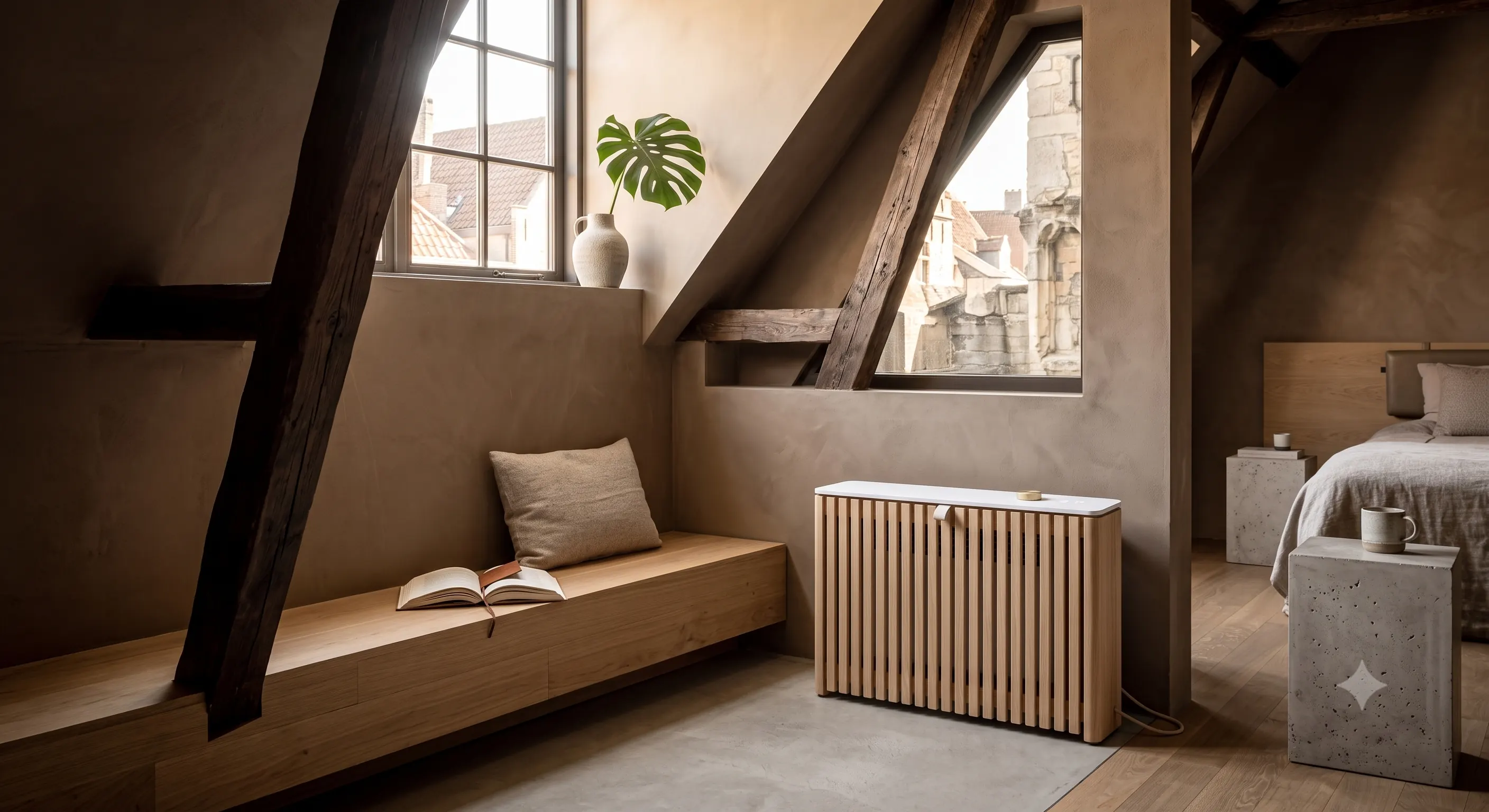 Frejair unit in an attic bedroom with timber beams